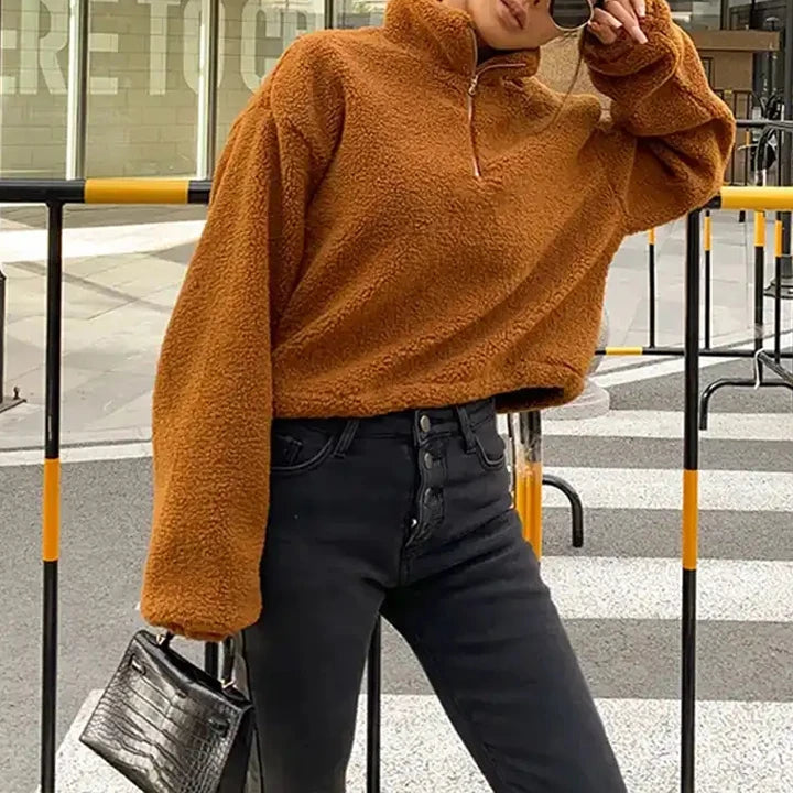 Fall Winter Clothes for Women Luxury Long Sleeve Half Zip Sweatshirt Custom Embroidery logo Teddy Fleece Quarter Zip Hoodie