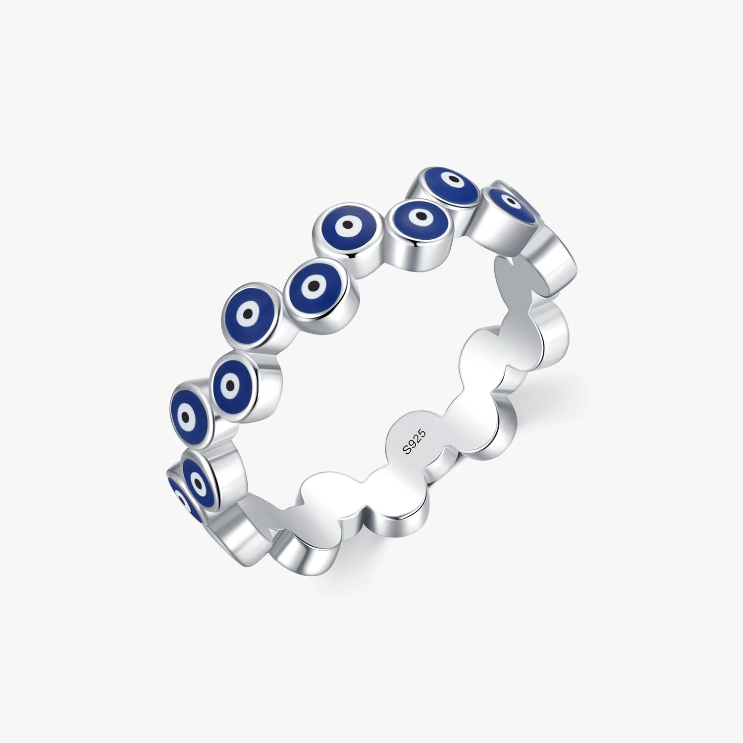 925 Sterling Silver Ethnic Design Blue Enamel Evil Eyes Stackable Finger Ring for Women Fashion Fine Jewelry Daily Accessories