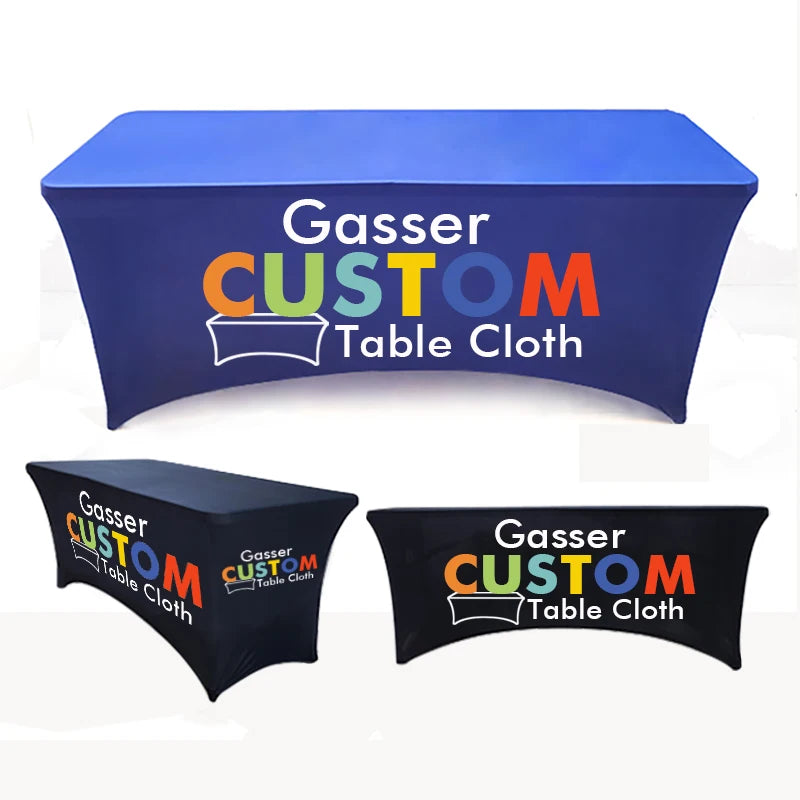 Custom Printed Logo ROMANCE Theme Folding Digital Printing Polyester Stretch Table Cloth for Trade Party Promotional Supplies