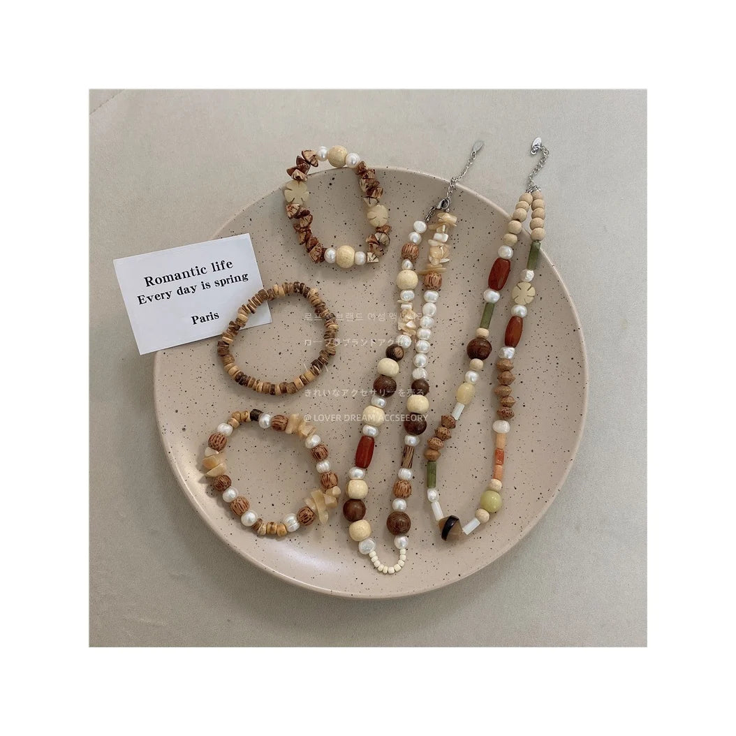 Hanpai Design Women Temperament Bracelet Wooden Bead Necklace Beads Necklace Handmade Pearl Necklace
