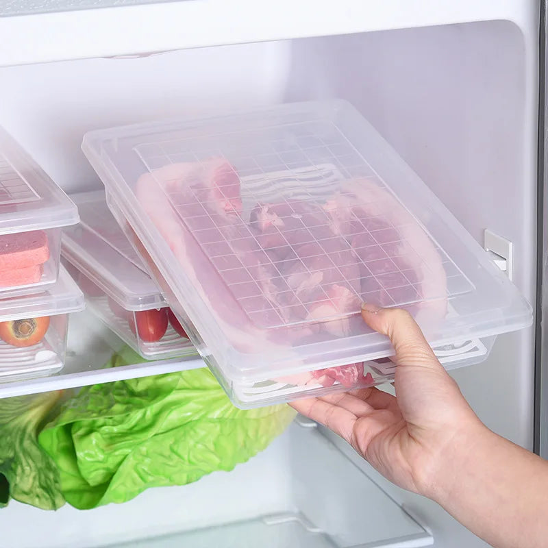 Kitchen Refrigerator Seafood Storage Box With Drain Board Sealed Container Square Plastic Fruit Vegetable Fresh-Keeping Box