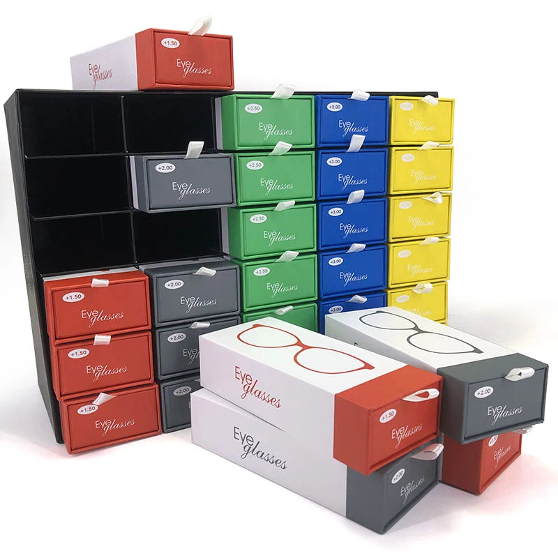 Factory Wholesale Eyeglasses Packaging Cardboard Box Display Stand Set Including 30 Cases of Glasses Boxes