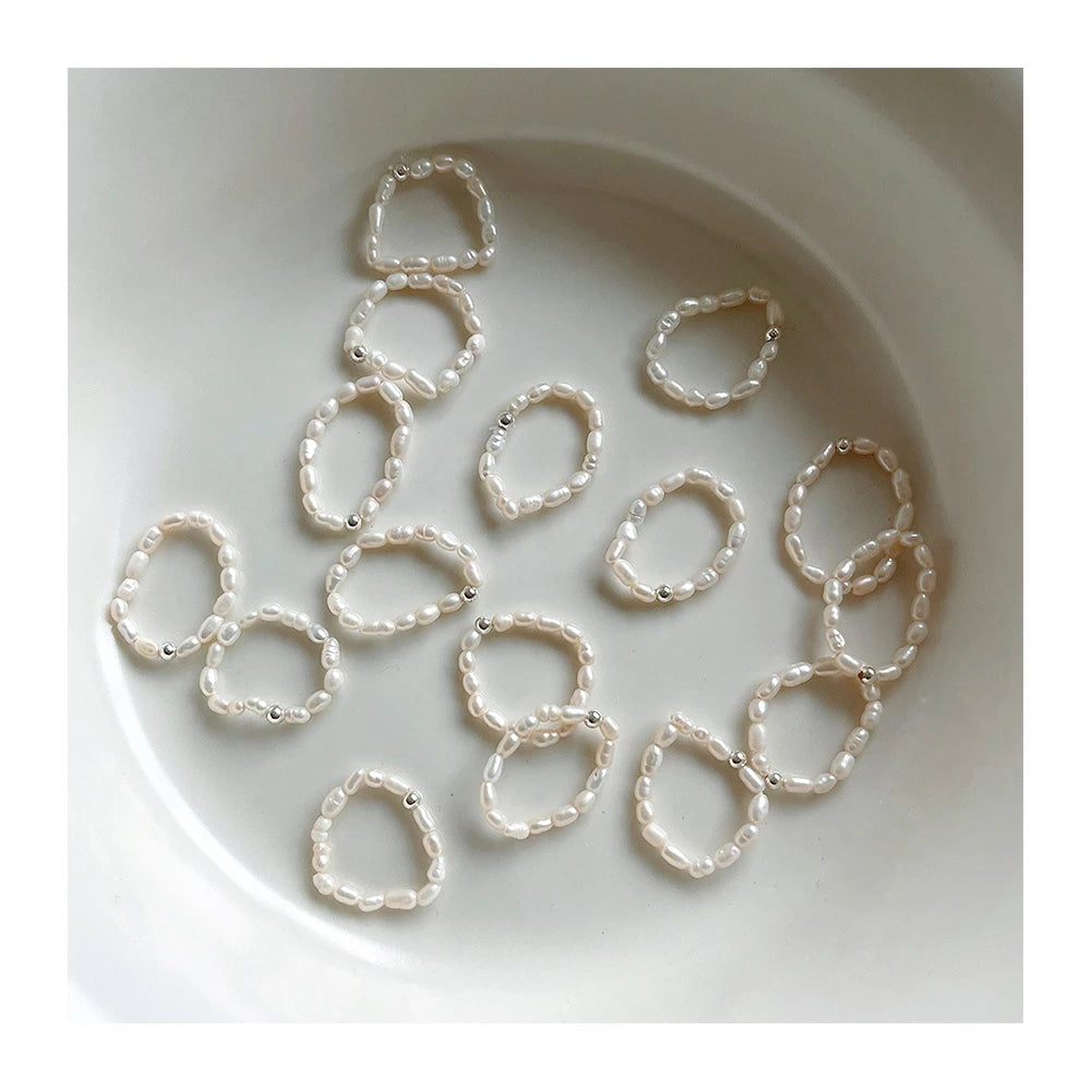 Fashion Fine Jewelry 925 Sterling Silver Freshwater Baroque Pearl Beaded Stackable Elastic Rings for Women YF2998