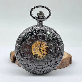 Prague Astronomical Stainless Steel Fob Chain Dial Clock Half Hunter Steampunk Skeleton Vintage Mechanical Pocket Watch for Men