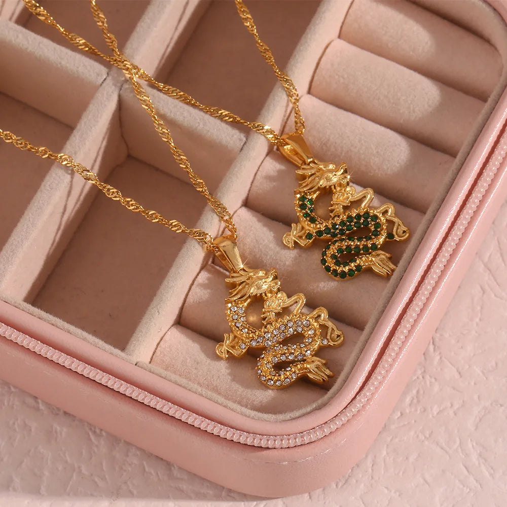 Stainless Steel Zodiac Animal Dragon Necklace Crystal Rhinestone Dragon Snake Pendant Necklace