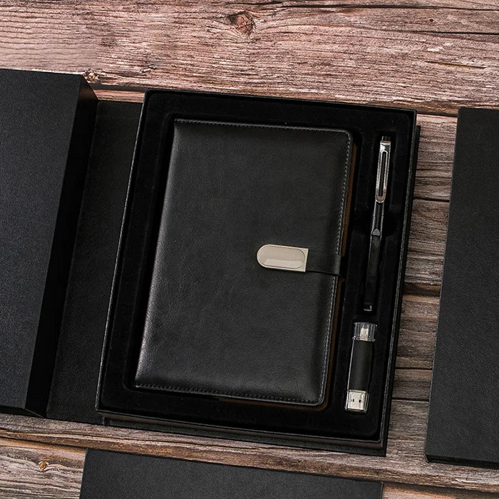 Birthday Gift Set for Men Custom logo A5 Personalised Leather Notebook Diary With Pen and Box and Usb Gift Set