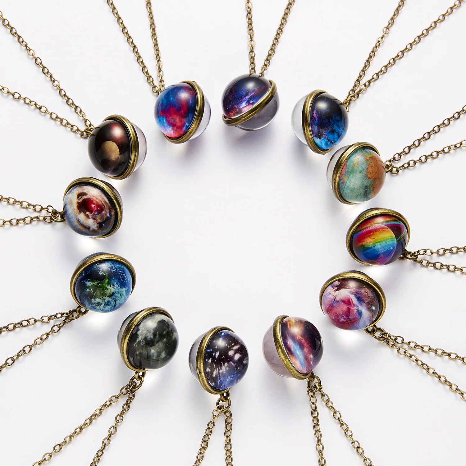 Eight Planets Necklace Pendent Double-Sided Glass Ball Universe Galaxy Solar System Guardian Stars Necklace for Women