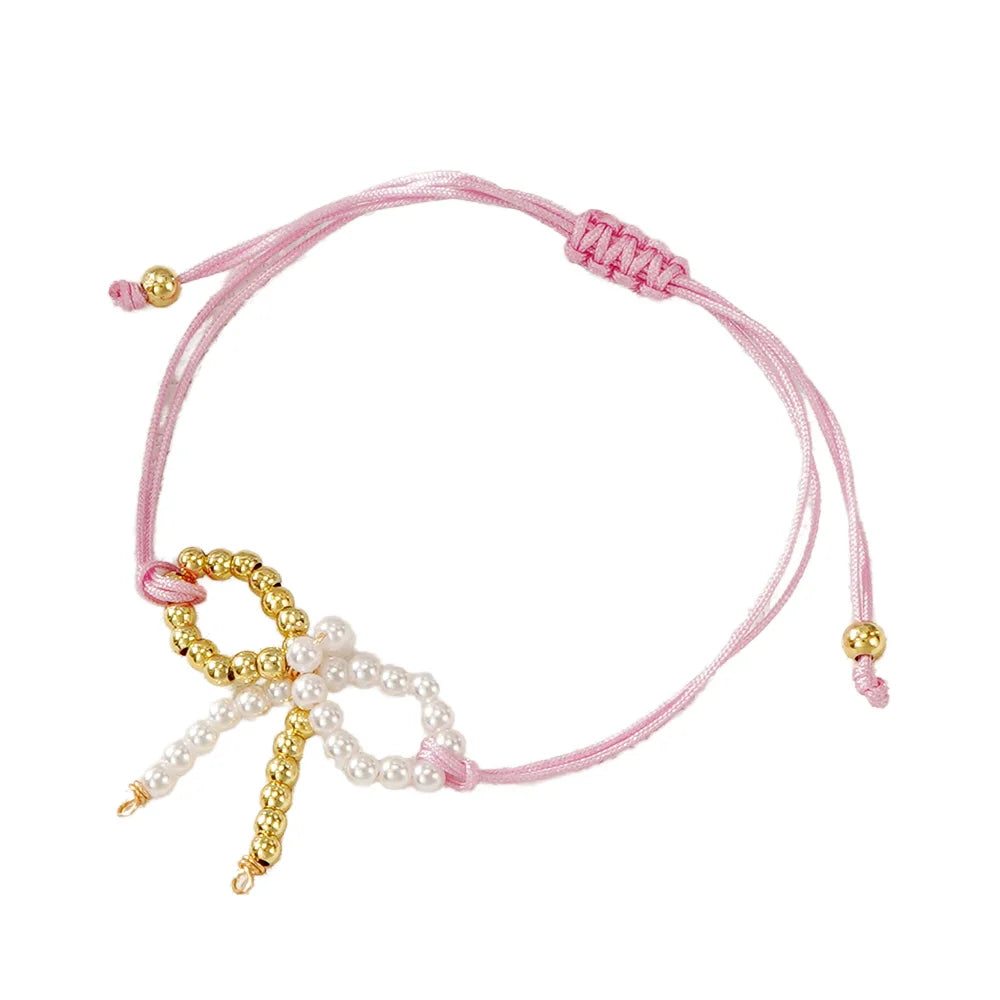 Go2boho Handmade Bracelet Pink Cord Faux Pearl Gold Plated Beads Adjustable Women Jewelry Cute Gift for Valentine's Mother's Day
