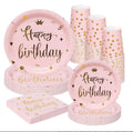 Pink Birthday Disposable Tableware Plates Crown Stamping Happy Birthday Party Tableware Plate Disposable Paper Cups