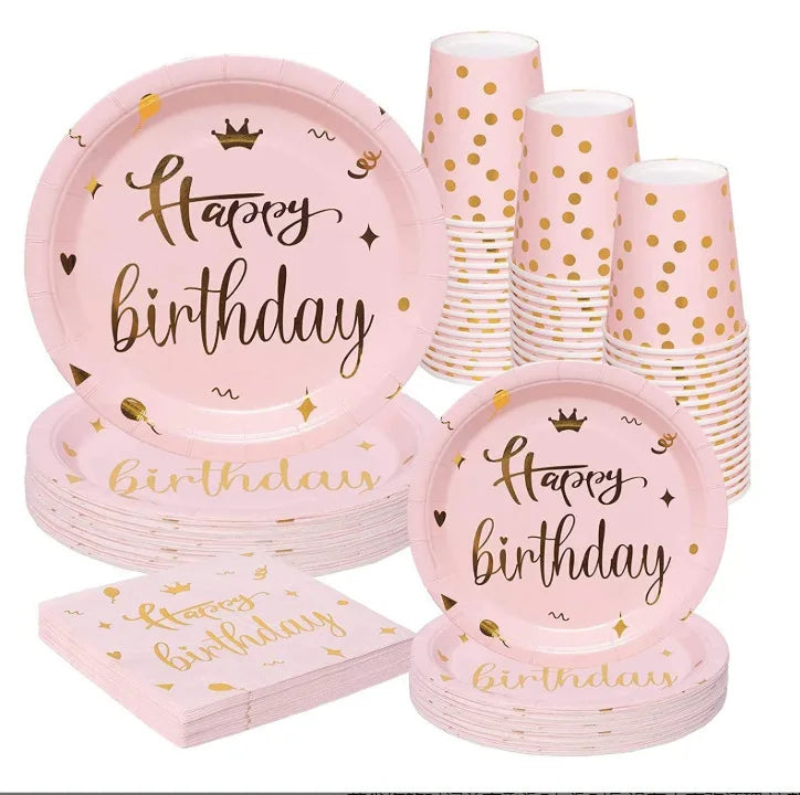 Pink Birthday Disposable Tableware Plates Crown Stamping Happy Birthday Party Tableware Plate Disposable Paper Cups