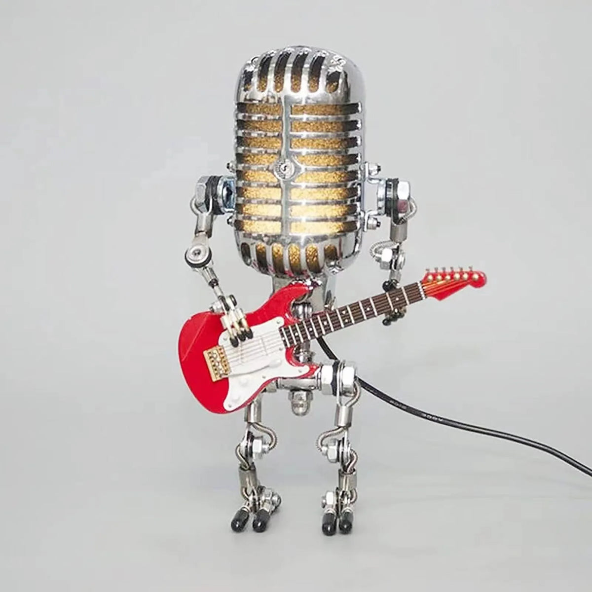 Popular Retro Portable Decoration Night Light Metal Microphone Robot with White Guitar Lamp