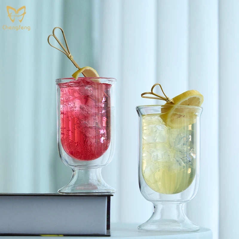 Double Walled Heat-Resistant Glass Goblet Stemmed Cold Drinking Glass Insulated Coffee Milk Cups for Restaurant