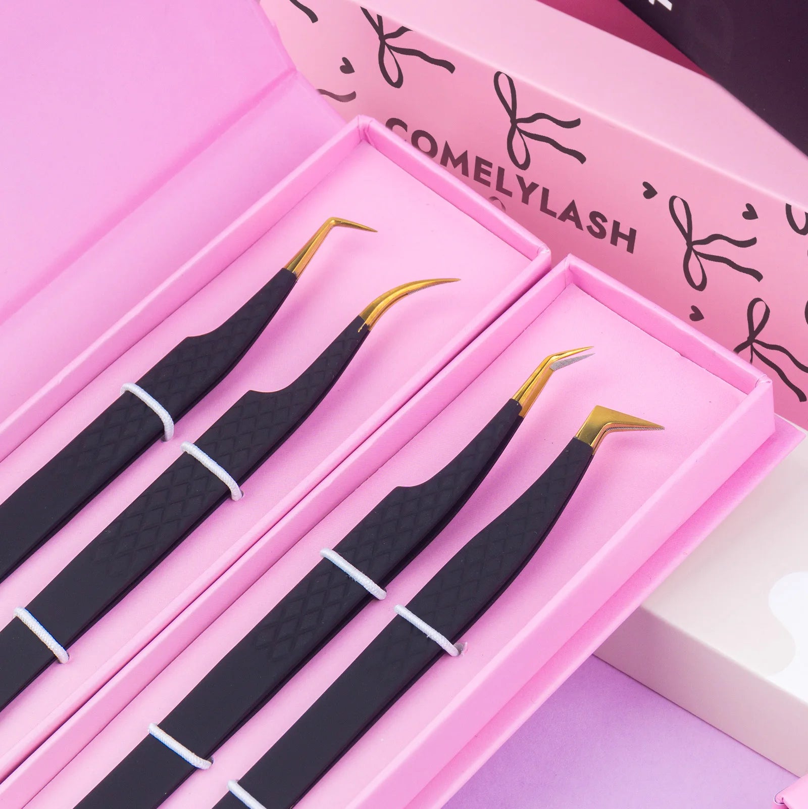 Comelylash Black-Gold Fiber Tip Tweezers Volume Eyelash Extension Private Custom Grip 90 Degree Nano Tweezers Stainless Steel