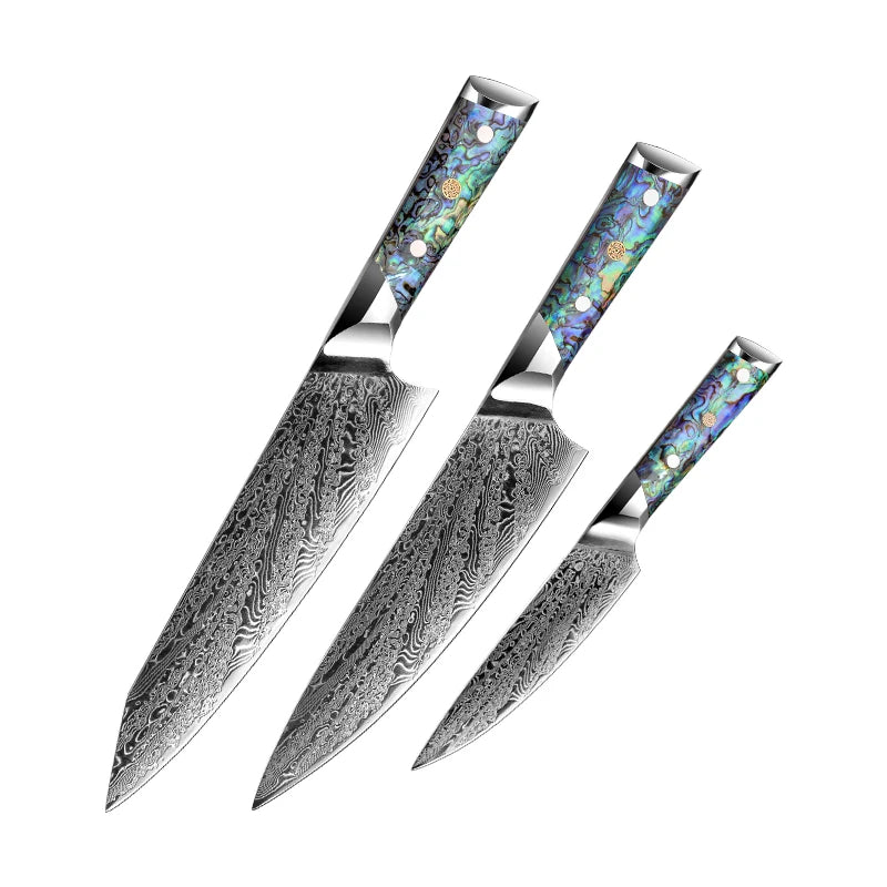 Grandsharp Abalone Handle Damascus Steel AUS10 Steel Core 67 Layers Damascus Kitchen Knife Set Chef Kiritsuke Utility Knife