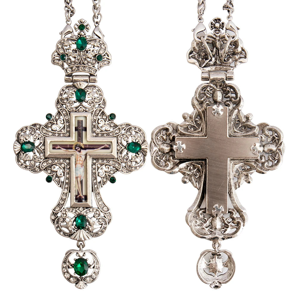 ZD019 Antique Silver Plated Greek Orthodox Pectoral Cross Necklace with Customize Stones of Religious Gift for Priest Bishop