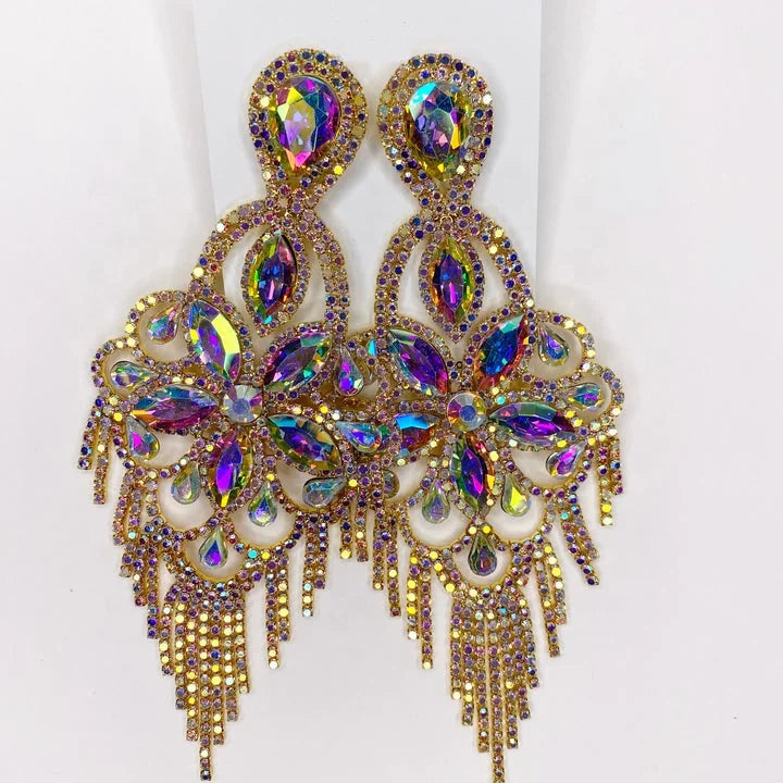 Kaimei 2022 Fashion Jewelry Geometric Pendant Big Bridal Earrings Crystal AB Long Tassel Women Wedding Large Statement Earrings