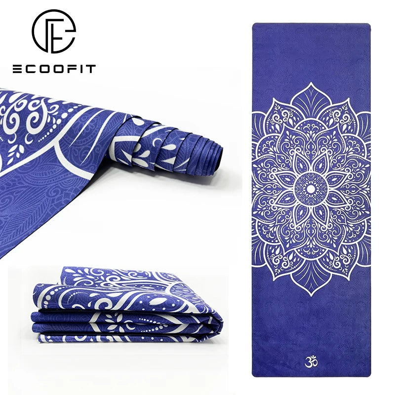 72x26 1mm 2mm Ecoofit Blue Mandala Custom Eco Friendly Foldable Natural Suede Rubber Travel Machine Washable Yoga Mat With Bag