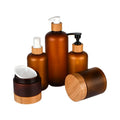 Guangzhou Manufacture Supply Pet Plastic Amber Brown Matte Frosted Bottle Set for Personal Care Face Cream With Bamboo Lid