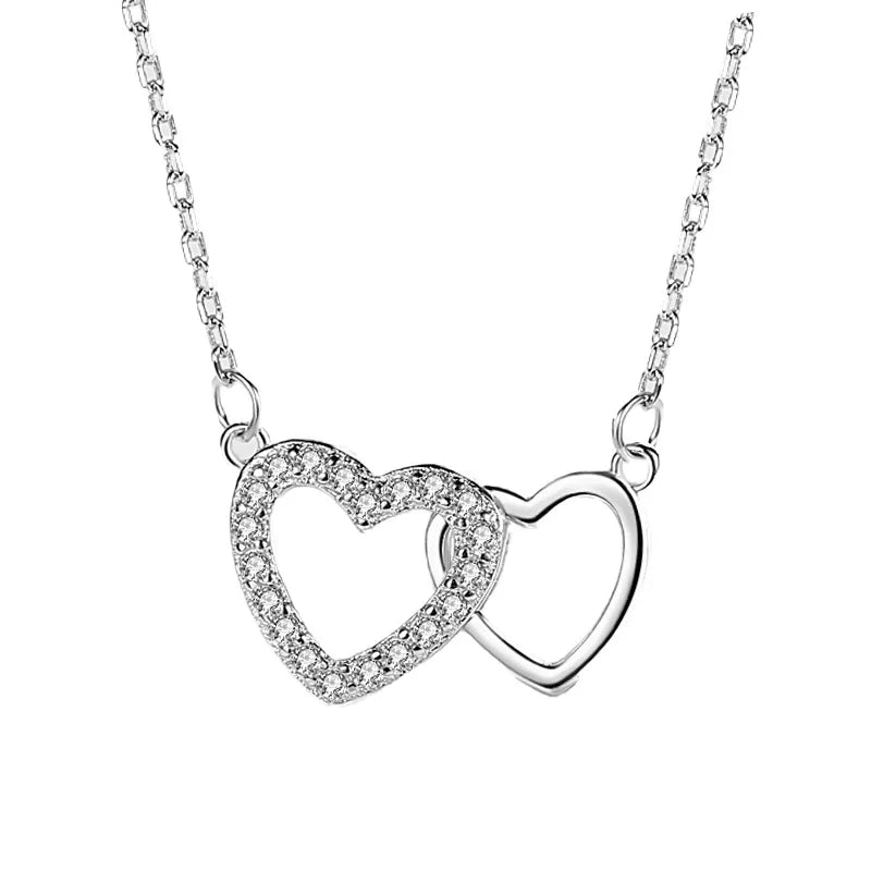 925 Sterling Silver Double Open Heart Necklace with Cubic Zirconia Necklace for Women Girlfriend Wife