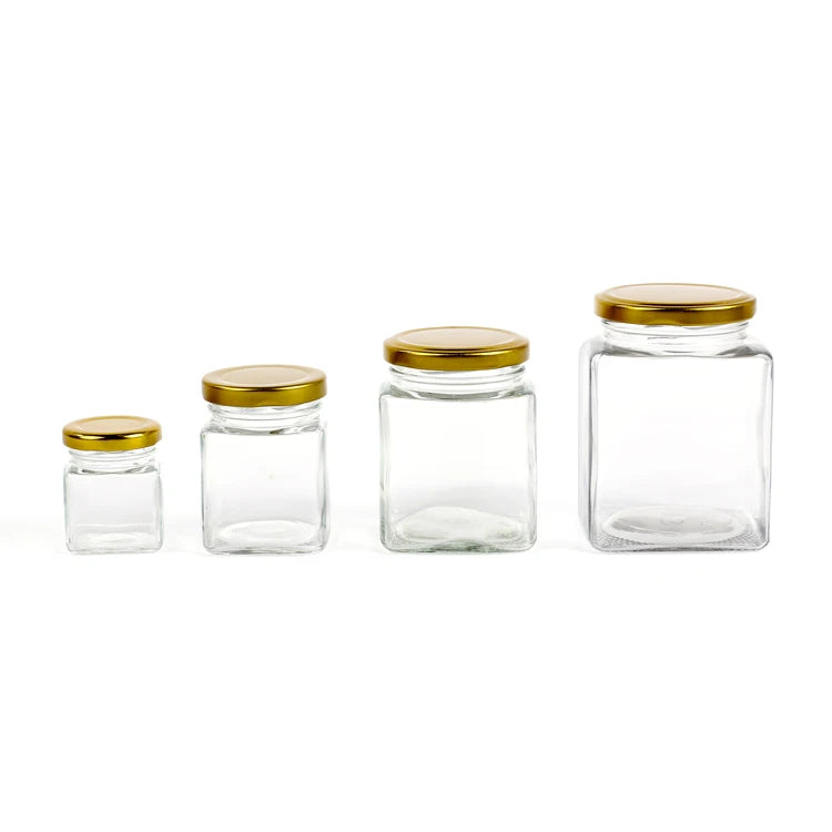 50 ml Wholesale Empty square Glass Food Jars Mason for Honey with Gold Metal Tin Lid