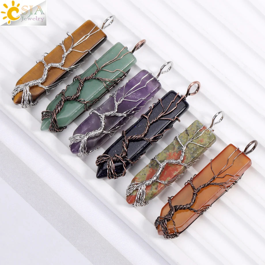 CSJA Tree of Life Wire Wrapped Point Healing Gemstone Amethyst Rose Quartz Crystal Natural Stone Sword Pendants Necklaces H129