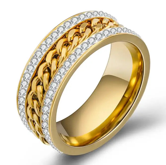Fashion Elegant Stainless Steel Gold Plated Micro Insert Crystal Chain Wedding Rings Jewelry for Couple