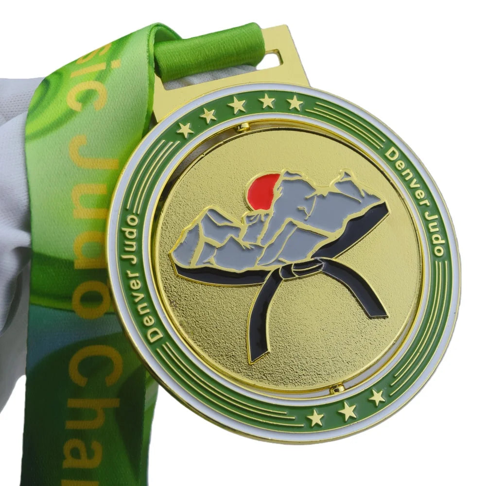 Manufacturer Customized Gold Denver Classic Judo Jiu Jitsu Karate Taekwondo Championship Spinning Fighting Medal with Ribbon