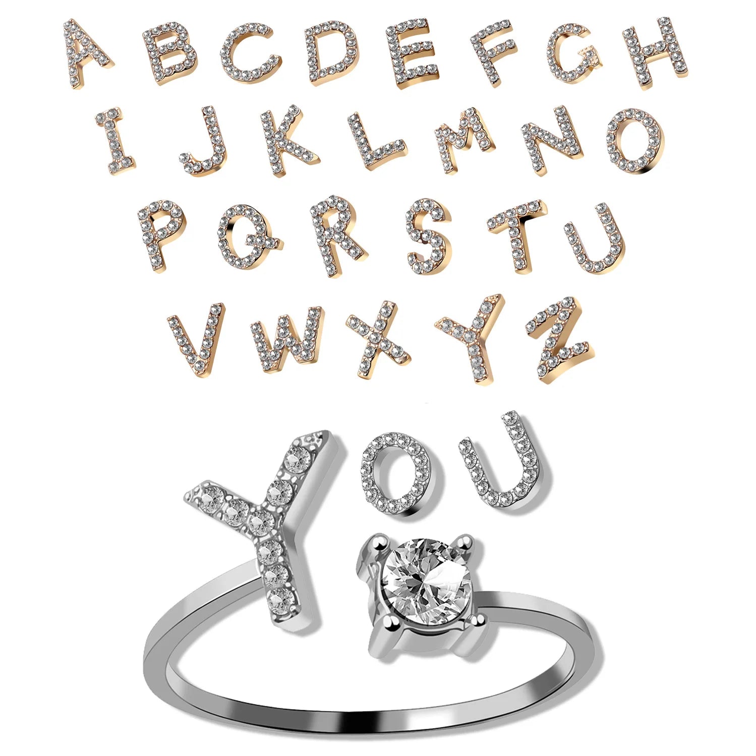 Initial Letter Ring for Women Girls Silver Gold Stackable Alphabet Rings with Initial Adjustable Crystal Inlaid Initial Gifts