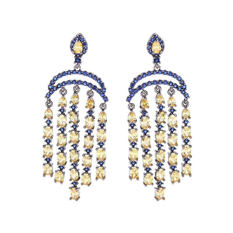 Exclusive Long Tassel Fringe Earrings for Women Wedding Party Blue and Yellow Zircon Tassel Earrings Long Dangling Drop Jewelry