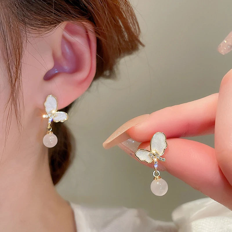Pendientes Mariposa Trend 925 Silver Post Petal Shiny Pearl Stud Earrings Gold Plated Women Jewelry Butterfly Dangle Earrings
