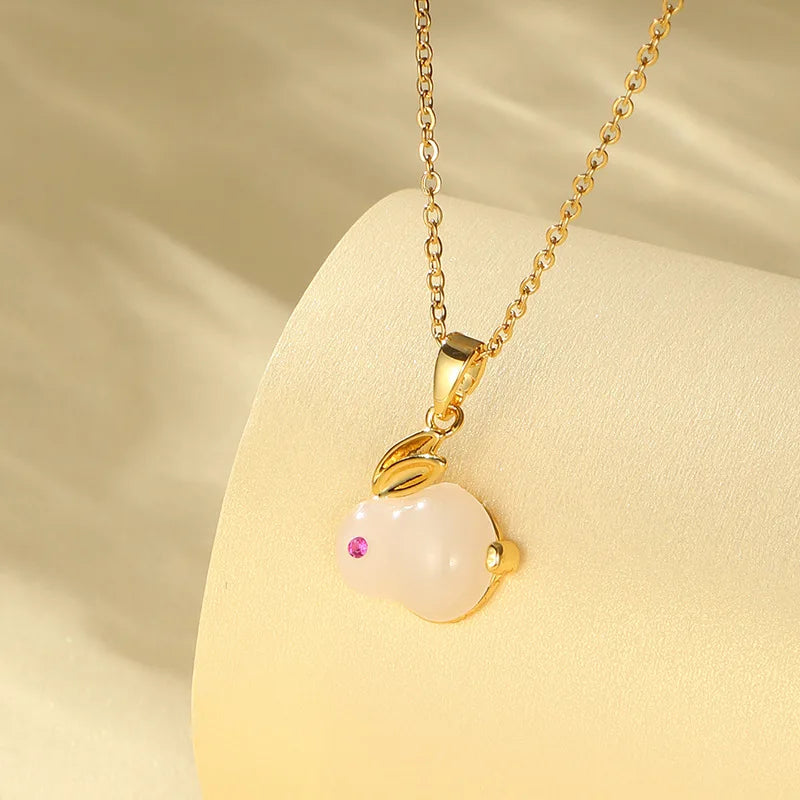 New Creative Gold Plated Jade Rabbit Necklace Stainless Steel Chain Little Rabbit Pendant Necklace