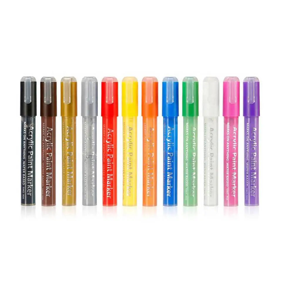 12-Piece Permanent Colored Acrylic Art Markers & Pens Set for Painting and Art Design