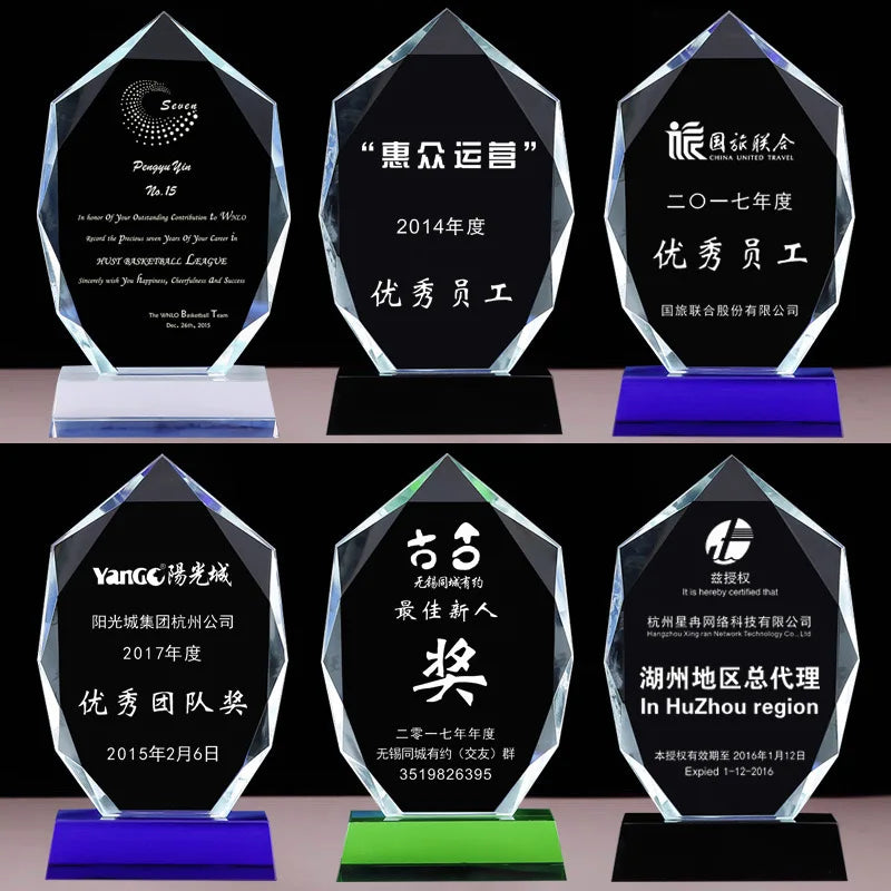Personalized Glass Crystal Trophy with clear Black Green Blue Base MH-NJ0620
