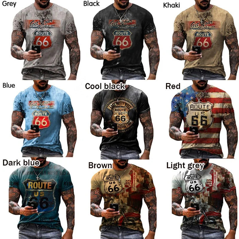Men's 66 Road Short Sleeve 3D Printed Graphic Tee Casual Knitted Tops Plus Size Streetwear Men's Fashion Cool Graphic T Shirts