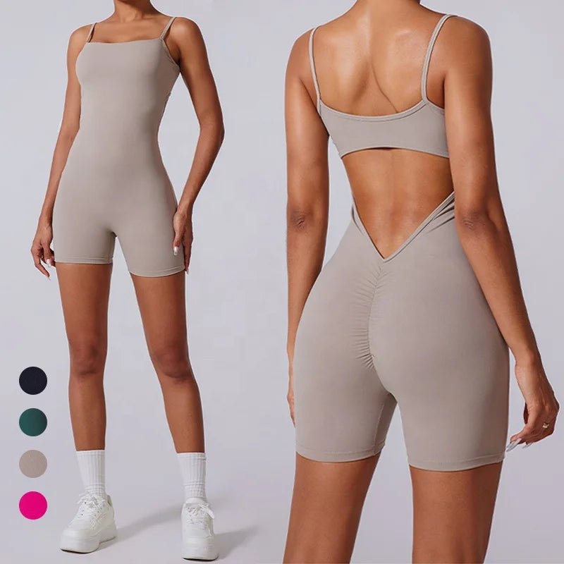 Women's Sleeveless Tank Top Yoga Shorts Jumpsuits Backless Bodycon V Back Scrunch Butt Yoga Rompers Clubwear Workout Bodysuit MegaBDM
