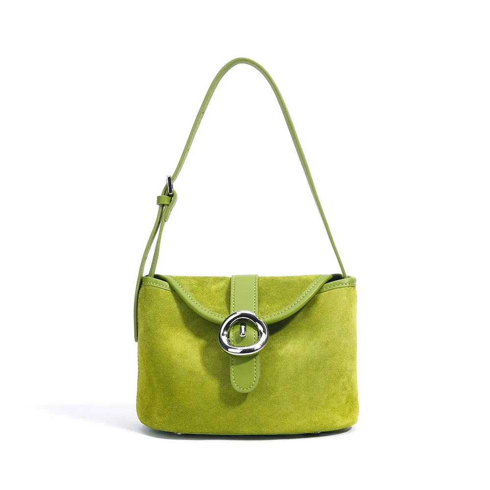Women's Fashionable Genuine Cowhide Leather Handbag Matte Suede Retro Bowling Shoulder Crossbody Bag Mini Small Square Bag