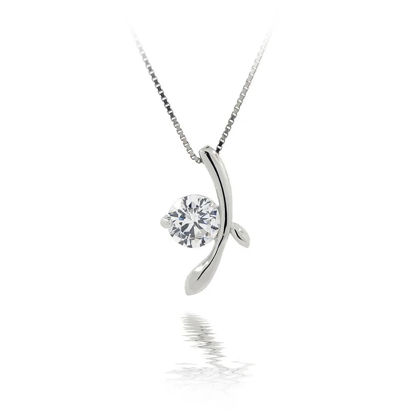 New Leaf Design Small Single Zircon Stone Pendant Solitaire Necklace Silver 925 Pendant for Lady