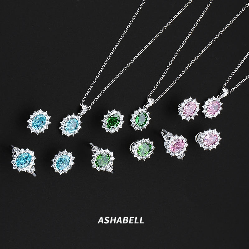 925 Silver 5A ZIRCON Blue Topaz Aquamarine Gemstone Wedding Ring Set Earrings Adjustable Ring Pendant Necklace Set