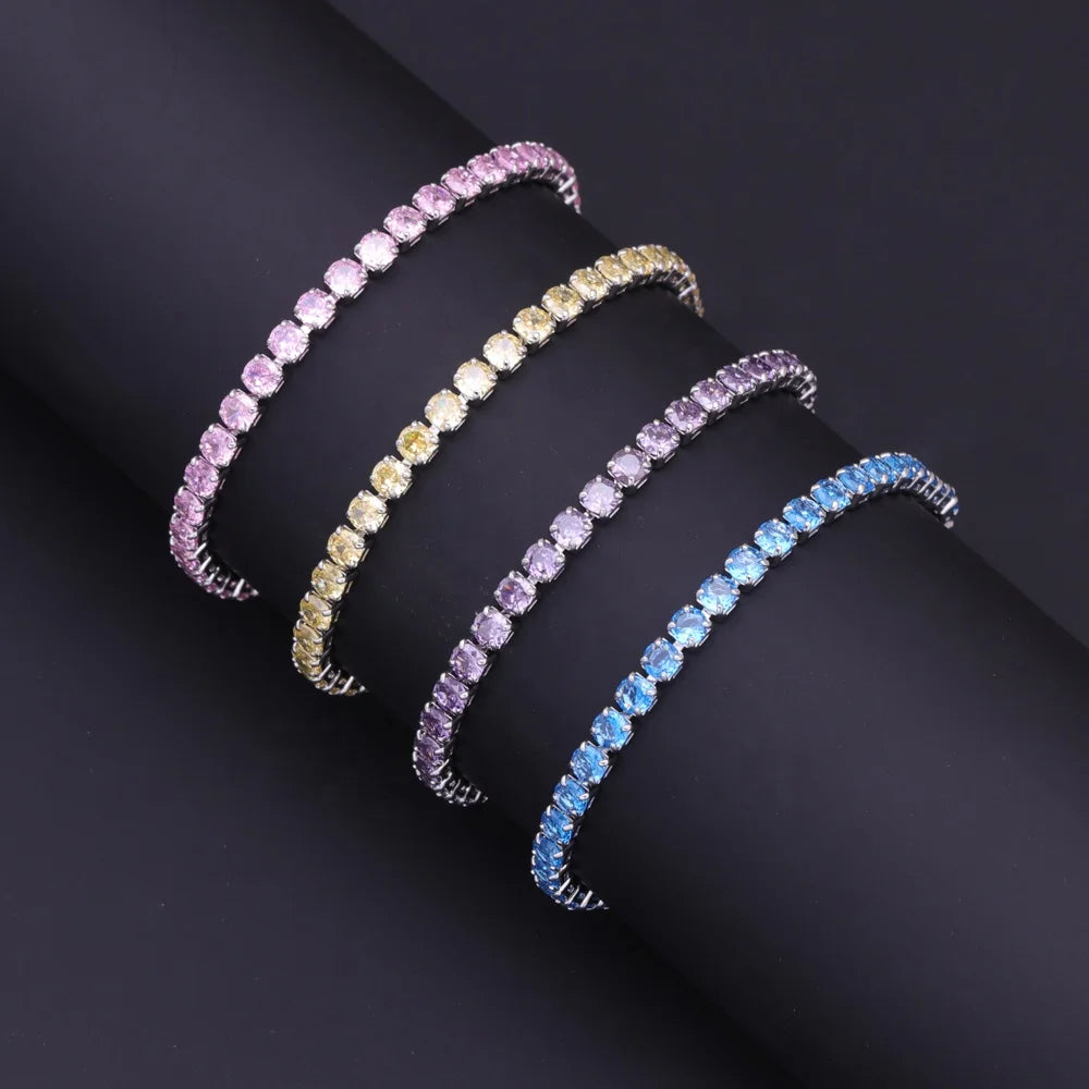 New 4mm Luxury Geometric Brass Tennis Chain Bracelet Men Women Iced Bling Cubic Zircon Gold Rhodium Plated Certified High
