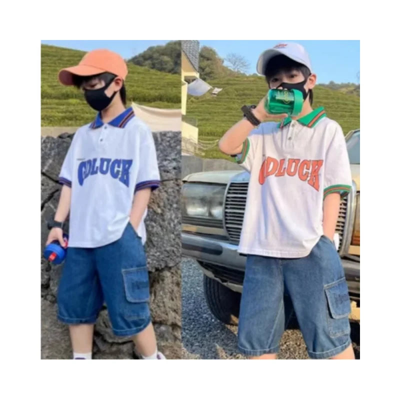 Hot Sell High-Quality Boy's Summer Trend Style Short Sleeves Suit Korean Version of Boys' Casual Suit Children Summer Polo Shirt