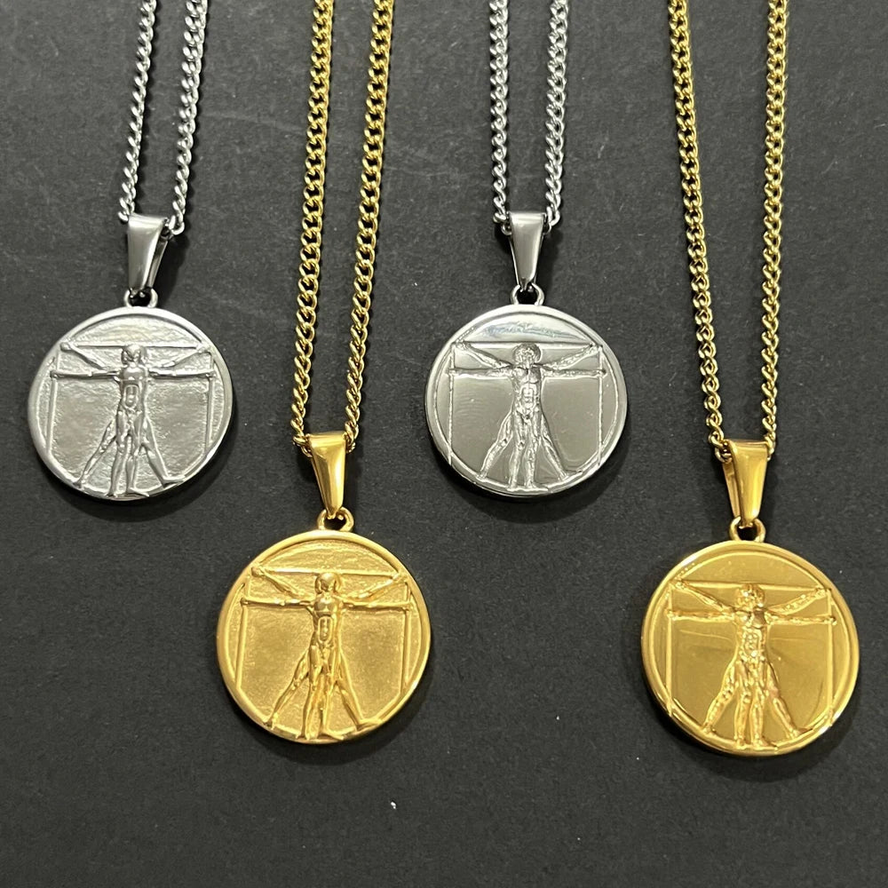 Stainless Steel Saint Christopher Pendant Compass Jewelry Lion Pendant Rose Necklace Vintage Vitruvian Man Charm Human Necklace
