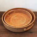 Snack for Coffee Table Home Decorative Hand Woven Serving Basket with Cut - Out Handles Round Rattan Woven Serving Tray