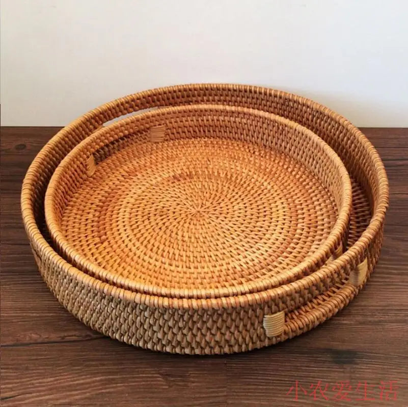 Snack for Coffee Table Home Decorative Hand Woven Serving Basket with Cut - Out Handles Round Rattan Woven Serving Tray
