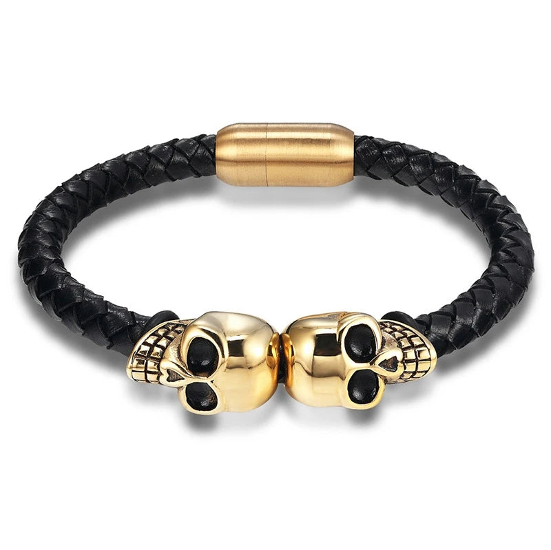 New Braided Men's Stainless Steel Cowhide Bracelet Creative Personality Skull Accessories