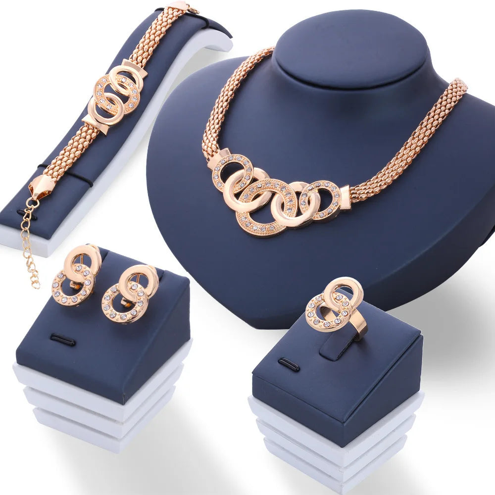 New National Style Five-ring Necklace Earrings Set Riding Crop Chain Rhinestones Full Diamond Bracelet Ring Jewelry Set for Girl