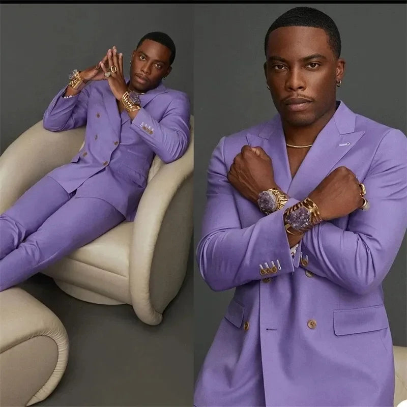 2025 Casual Light Purple Double Breasted Men Suits Costume Homme Prom Suits Coat for Groom Blazer Wedding 2 Pcs (Jacket+Pants)