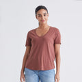 Custom Women's Lightweight Bamboo Jersey Fabric Loungewear Semi-Deep V-Neck Tee Button Beading Hollow Diamonds Applique Quick