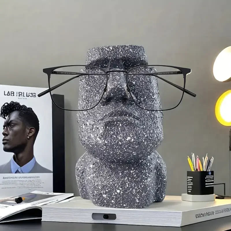 Resin Eyeglass Holder with Stone Texture and Black Glasses Retro Easter Island Sculpture for Desk Organizer Nordic Style