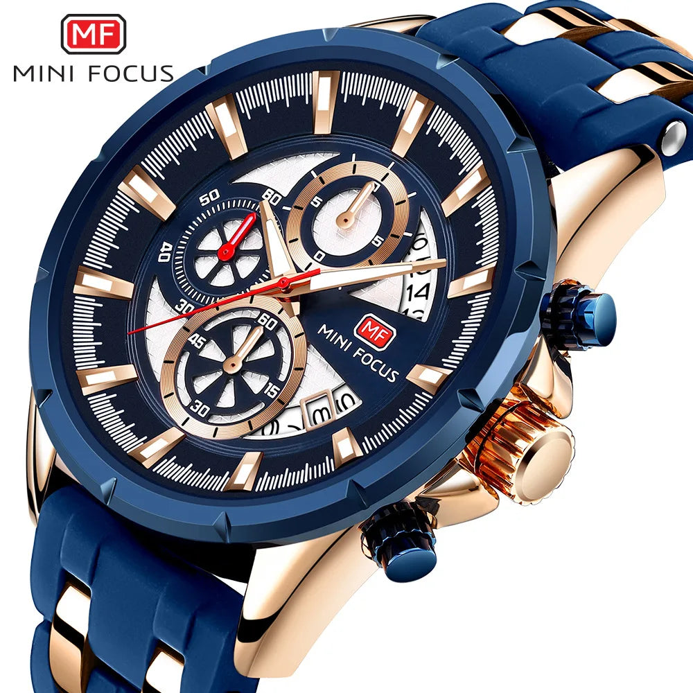 MINI FOCUS Watch 0273 Chronograph Quartz Watches for Men Rose Gold Silicone Strap Sport Wristwatch Clock Relogio Masculino Gift