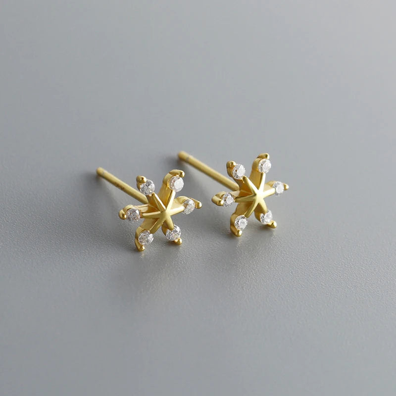 Romantic 925 Sterling Silver & 18K Gold Plated Fine Jewelry-Women's Snowflake Stud Earrings Christmas Geometric Pattern Gift